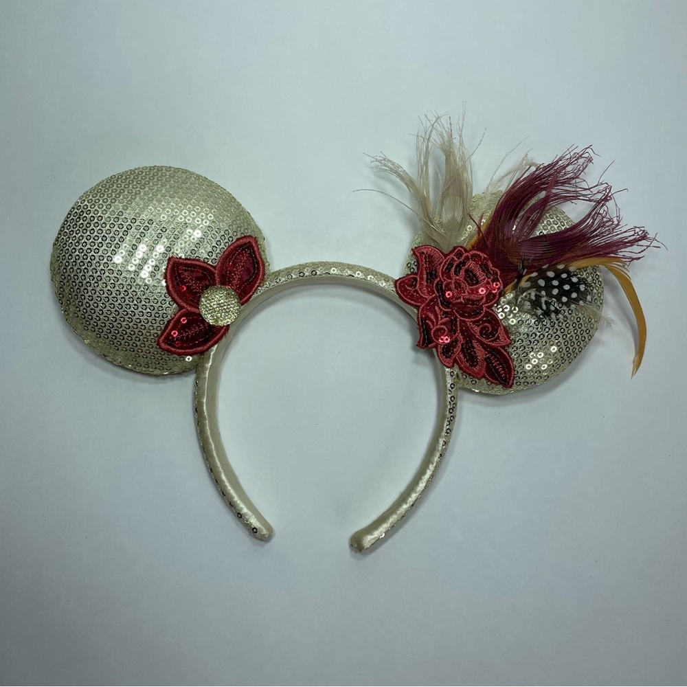 Disney Parks Minnie Mouse Gold Sequin Flower Feather Flapper Ear Headband